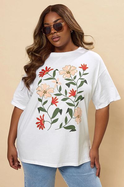 Stil Diva Plus Size Short Sleeve Crew Neck Flower Pattern T-Shirt 304177