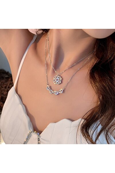 GÜZEL1BUTİK Çelik Zirkon Taşlı Çoklu Kalpli Açılır Kapanır Mıknatıslı Yonca K...