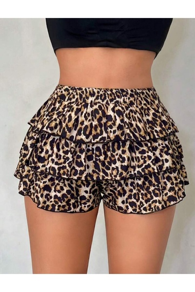 MAROVOAY Leopard Print Ruffle Super Mini Shorts Skirt