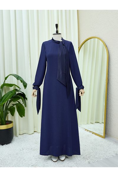 Modamorfo Crepe Dress with Scarf Collar, Brooch Detail and Sleeve Laces - Navy