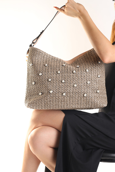 Moda Lime Γυναικεία τσάντα ώμου από πλέγμα, ανοιχτό καφέ, με λεπτομέρεια από ...