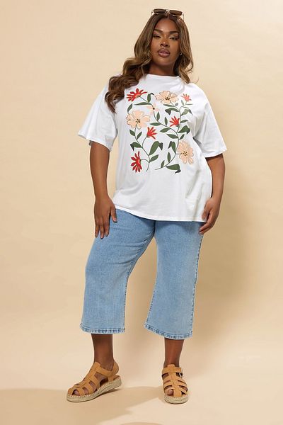 Stil Diva Plus Size Short Sleeve Crew Neck Flower Pattern T-Shirt 304177