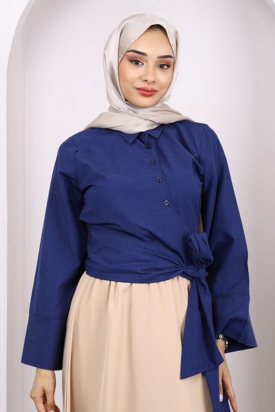 İmajButik Navy Blue Waist Tie Crop Shirt