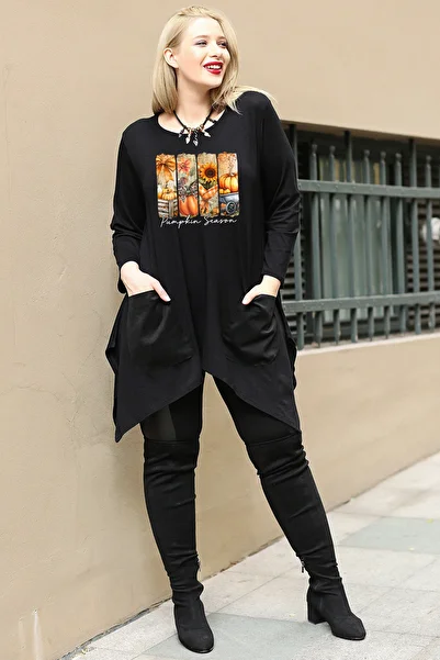 Curvy Trend Plus Size Pumpkin Season Printed Front Pocket Slit Long Sleeve Tunic