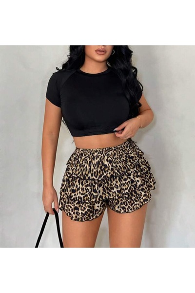 MAROVOAY Leopard Print Ruffle Super Mini Shorts Skirt