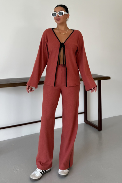 MODAGEN Women's Tile Front Tie Detailed Piping Bottom-Top Trouser Suit
