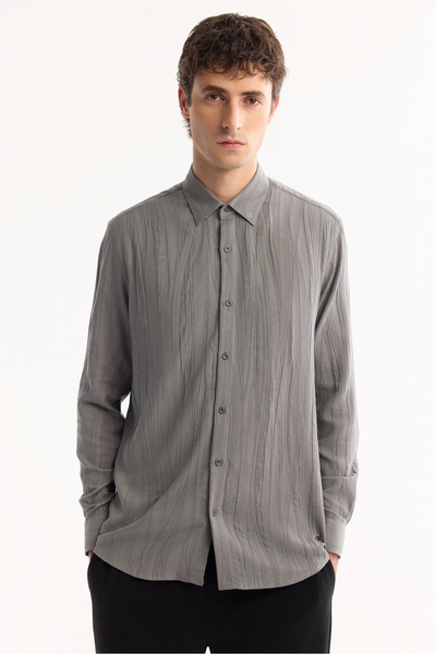 Avva Men's Gray Bottomed Textured Regular Fit Long Sleeve Shirt A52Y2055