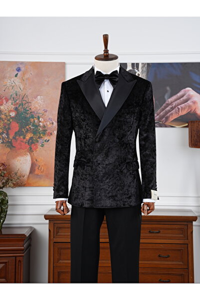 PAREZ Premium Erkek Slim Fit İtalyan Stil Desenli Smokin Damatlık - Siyah - X...