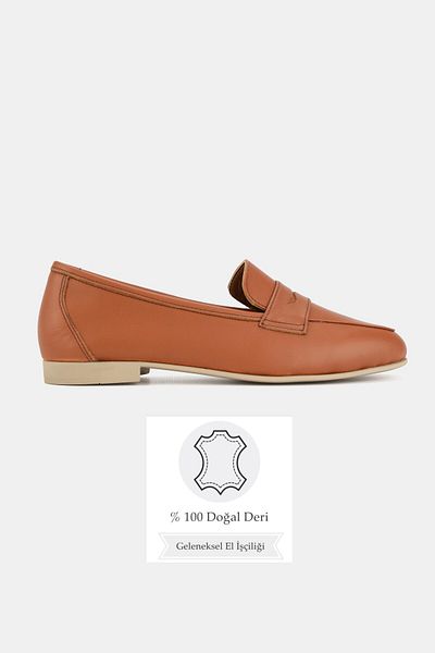 TUNAELLİ Women's Taba Khaki Natural Leather Number 36-41 Loafer Ballet