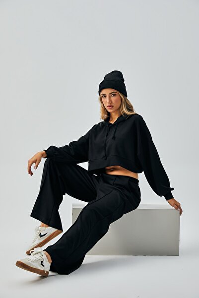 minaaise Women's Black Modal Hooded Sweatshirt and Elastic Waist Pants Bottom/Top Set 28031-1