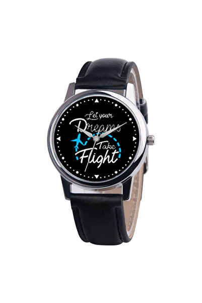 Skymag Ceas dama cu mesaj "Let your dreams take flight" curea neagra din piele ecologica, mecanism quartz