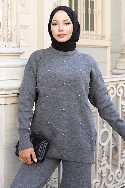 Modamihram Stone Detailed Knitwear Suit Gray 6148