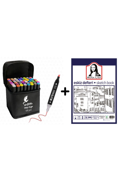 Minopi Set of 48 Double Sided Art Marker Felt Tip Pens with Bag + Mona Lisa Sketchpad 50 Sheets 120Gr.