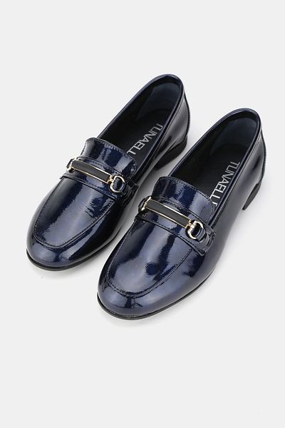 TUNAELLİ Women's Dark Blue Patent Leather Genuine Natural Leather 36-41 Number Buckle Ballet Flat