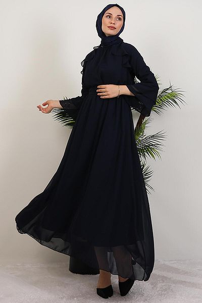 GİYZAMİLA Ruffled Chiffon Dress Navy Blue