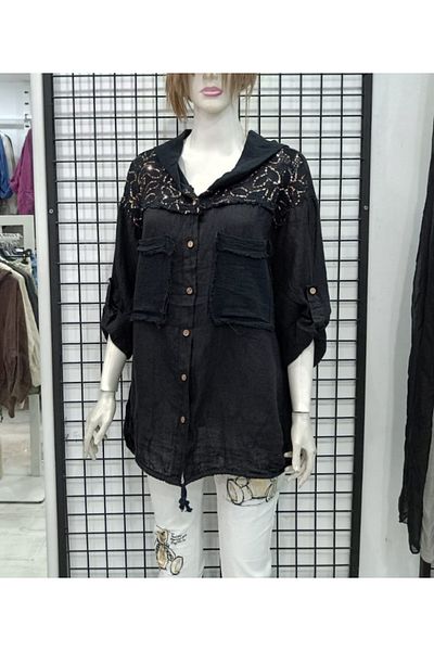 Butik Şans Italian Linen Jacket with Guipure Detail and Sequined Hood