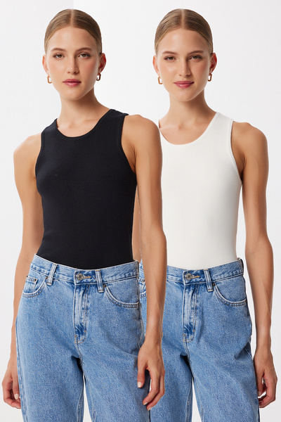 Lovelyİstanbul Pack of 2 Basic Knitwear Blouse Lub0220 Black Ecru