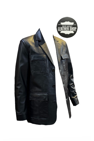 derimont جاكيت سفاري أسود من جلد الغنم الأصلي مع 4 جيوب