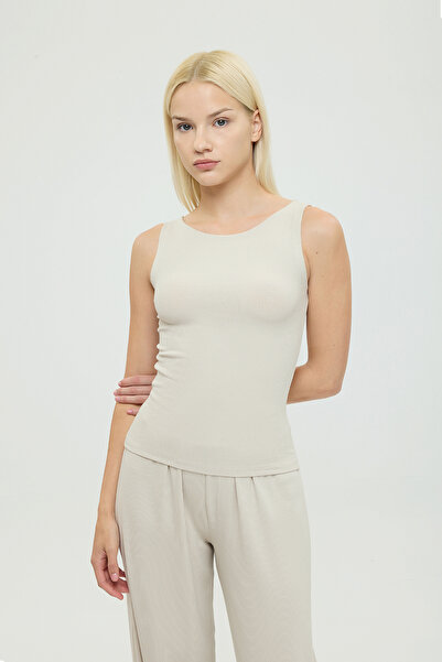 SHEISMONO Μαλακή Ριμπ Μπλούζα με Λαιμόκοψη Καγιάκ, Αμάνικη, Μπεζ