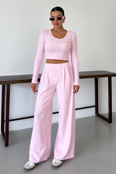 MODAGEN Women's Pink Round Neck Blouse Bottom-Top Pants Interlock Suit