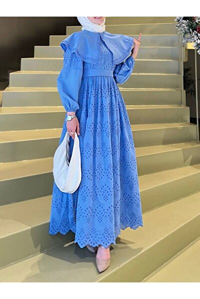 ALPACO Φόρεμα με λεπτομέρεια από δαντέλα με κολάρο -Μπλε