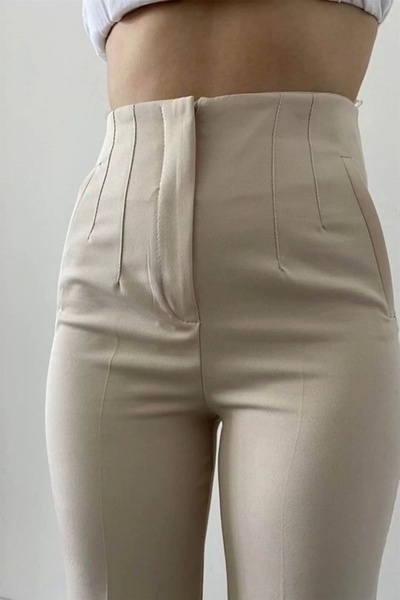 bysoca Kadın Taş Rengi Yüksek Bel Önü Pensli Havuç Kesim Kumaş Pantolon