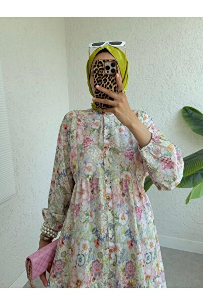 ALPACO Rochie Florală cu imprimeu cu mânecă elastică cu jumătate de nasture -G.Kurusu -COLLECTION