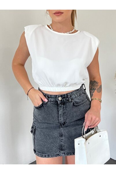 ALPACO بلوزة بأكتاف حشوة كتف وحزام مطاطي عند الخصر - أبيض - مجموعة