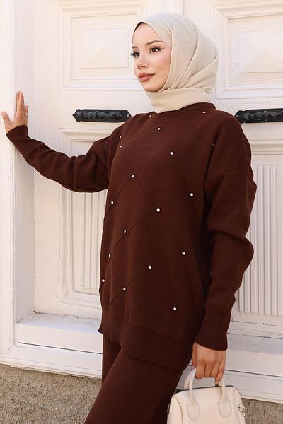 Modamihram Stone Detailed Knitwear Set Brown 6148
