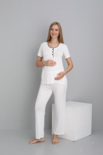Miss Dünya Lissa White Morning Short Sleeve Breastfeeding Suitable Pregnant and Postpartum 4 Piece Pajama Set