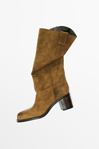 Massimo Dutti Fırçalanmış deri kalın süet topuklu çizme