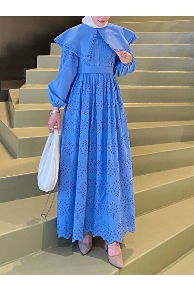 ALPACO Φόρεμα με λεπτομέρεια από δαντέλα με κολάρο -Μπλε