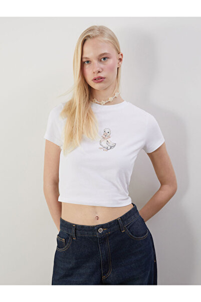 LC Waikiki Crop alb pentru femei, cu decolteu rotund și imprimeu cu rață