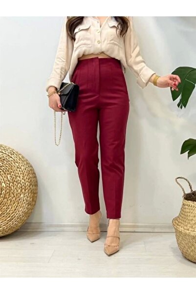 bysoca Kadın Bordo Yüksek Bel Önü Pensli Havuç Kesim Kumaş Pantolon
