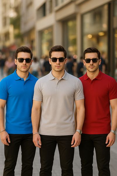 COMBİNE MİCHAİL Men's 3 Pack Basic Loose Polo Neck T-Shirt