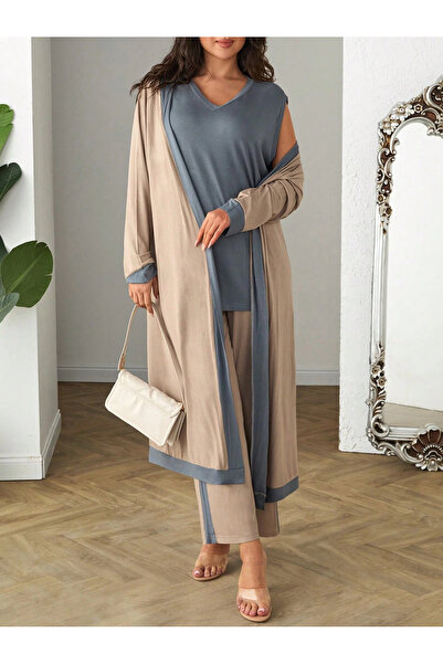 ModaSehle Plus Size 3-Piece Long Sleeve Cardigan Undershirt Bottom Stripe Viscose Suit