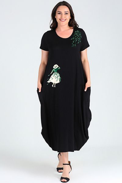 Curvy Trend Plus Size Girl and Leaves Printed Jumbo Short Sleeve Dress