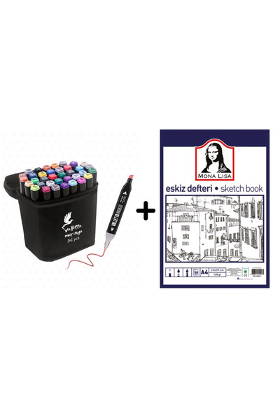 Minopi 36'lı Çift Taraflı Art Marker Keçeli Kalem Seti Çantalı + Mona Lisa Eskiz Defteri 50 Yaprak 120GR.