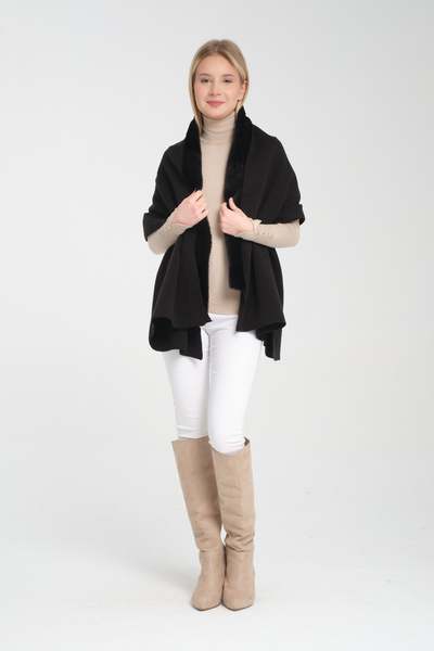 VEGA MODA شال كتف تريكو بتفاصيل فرو، شال تريكو شتوي مع فرو، وشاح كتف أنيق بتف...