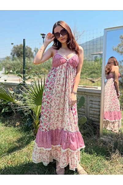 MODAGK Vintage şifon detaylı askılı çiçekli elbise