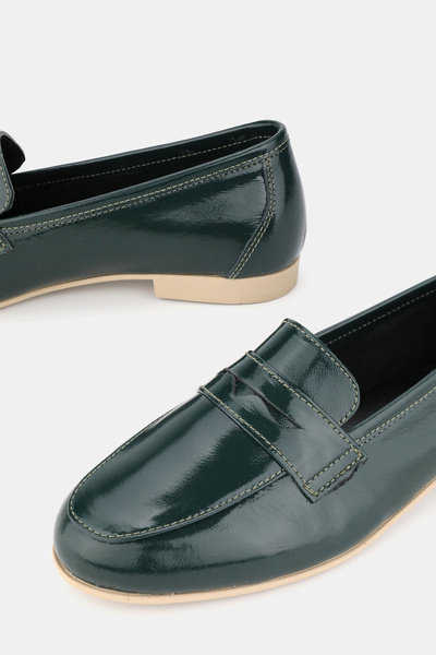 TUNAELLİ Women's Green Patent Leather Genuine Natural Leather 36-41 Number Loafer Ballet