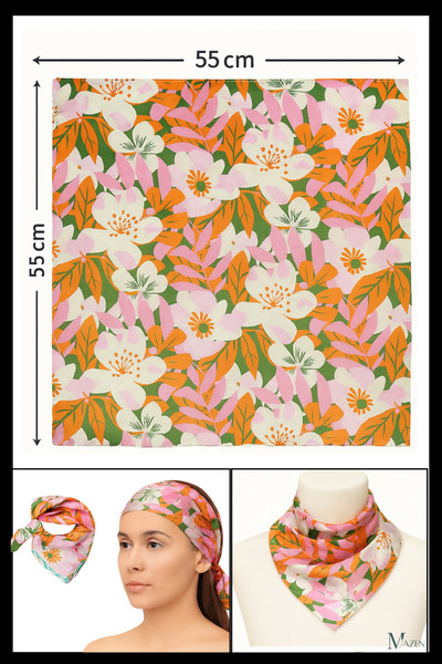 MAZEN Pink Floral Bandana with Orange Green Leaves |   55X55Cm |   Satin Scarf |   Square Hair Accessory