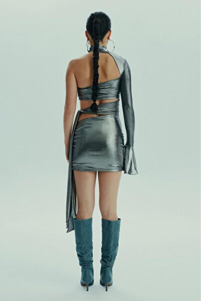 Tt Line Parlak Drapeli Beli Pencere Detaylı Illusion Mini Elbise