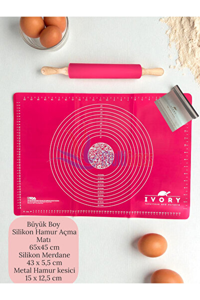 Multiamo Large Size Silicone Dough Rolling Mat Bamboo Handle Silicone Roller Metal Dough Cutting Apparatus Fuchia