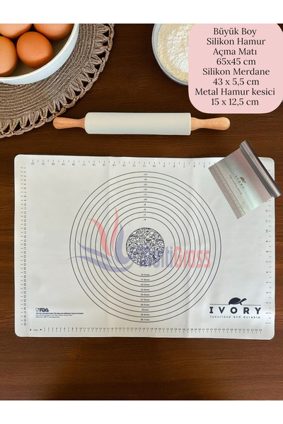 Multiamo Large Size Silicone Dough Rolling Mat Bamboo Handle Silicone Roller Metal Dough Cutting Apparatus Cream