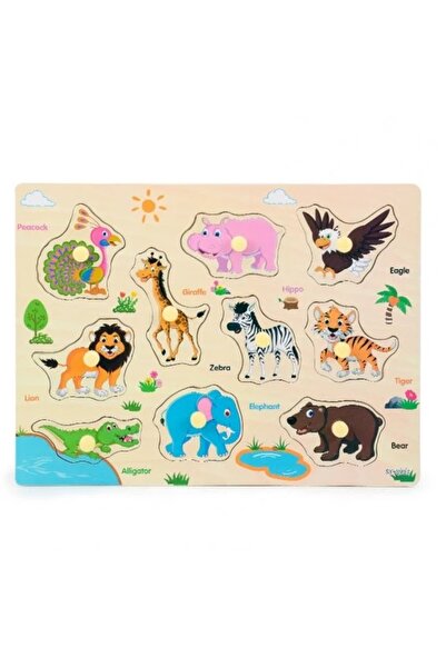 SDX Market Joc educativ de puzzle din lemn cu mâner, Animale din junglă