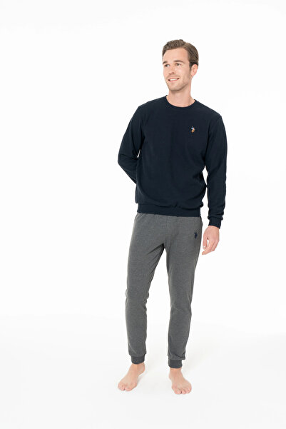 U.S. Polo Assn. Erkek Pijama Takımı, Cepli, Uzun Kollu, Bisiklet Yaka, Kolları ve Paçası Lastikli Ev Giyim