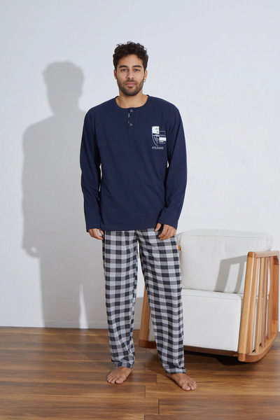 Ayans Pijama Combed Cotton Single Jersey (Thin) Plaid Long Sleeve Men's Pajama Set