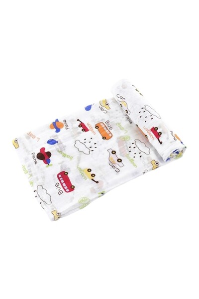 Mixbo Scutec de muselină pentru bebeluși, model cu mașini, 120 x 110 cm, alb/...
