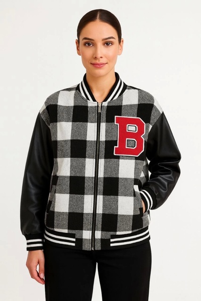 Alfanora Women's College Jacket – Checkered Lumberjack Fabric, Faux Leather S...